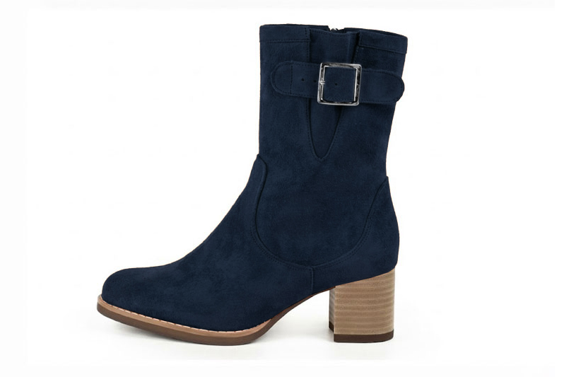 Women's navy blue side-buckle ankle boots with round toe and mid block heel - Profile view